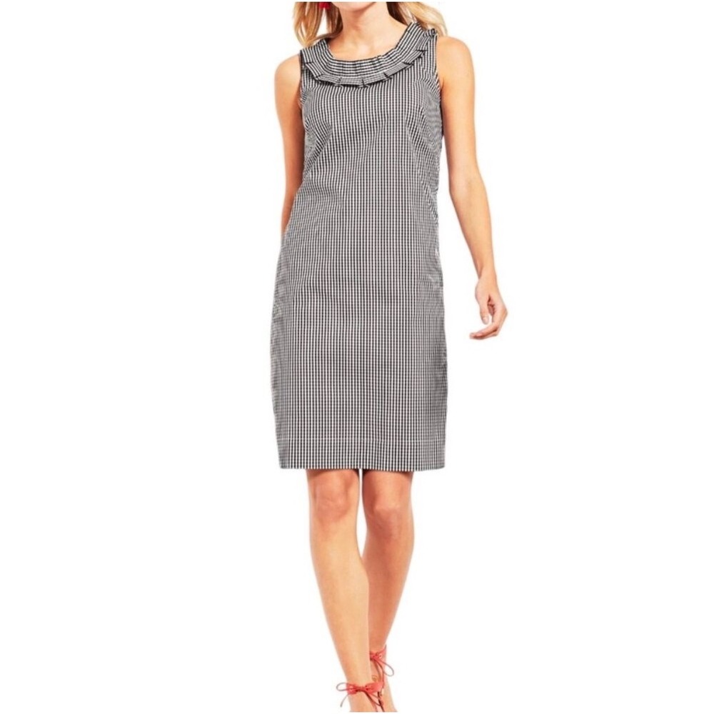 Talbots Petites Black White Gingham Ruffle Neck Sleeveless Shift Dress 4P Knee